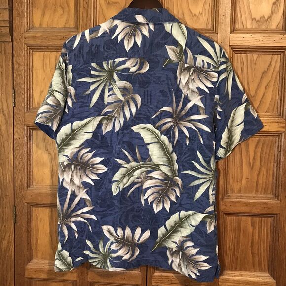 Vtg. Batik Bay 100% Silk Hawaiian Shirt Men's M  Blue Tan SS Top Loop Button Up - Picture 7 of 11